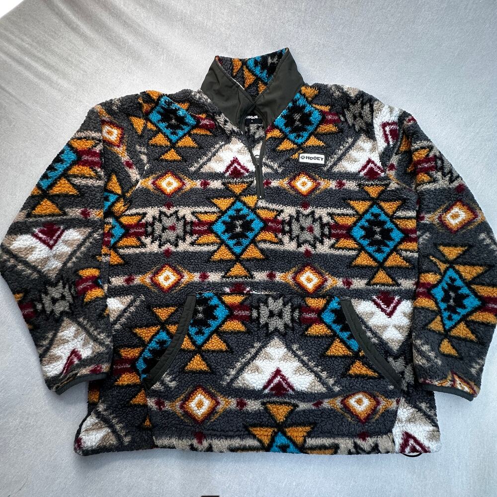 Hooey Aztec Fleece Sherpa Pullover Gray Turquoise Men's M